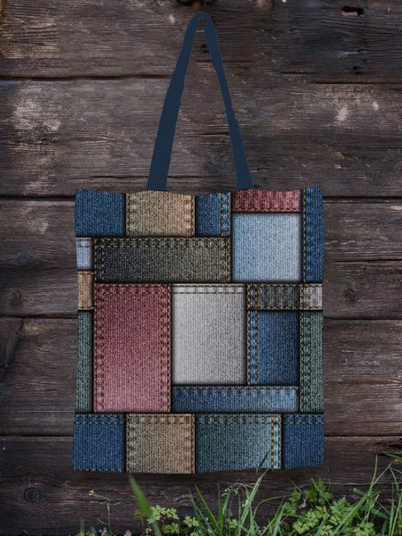 

Trendy Denim Paneled Contrast Printed Canvas Shopper Tote Bag, Multicolor, Bags
