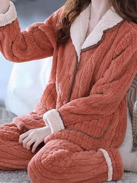 

Colorblock Lapel Coral Fleece Home Warm Loose Plus Size Pajama Set, Light orange, Loungewear & Sleepwear