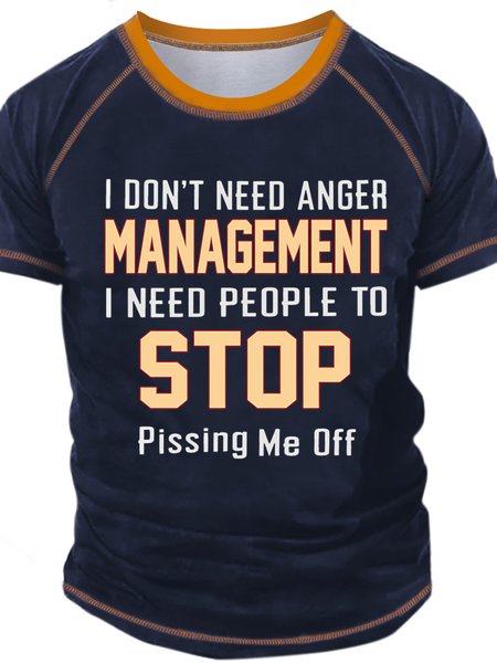 

Men's I Don't Need Anger Management I Need People To Stop Funny Graphic Print Casual Crew Neck Regular Fit Text Letters T-Shirt, Dark blue, T-shirts