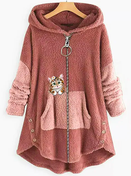 

Loose Hoodie Casual Cat Other Coat, Pink, Outerwear