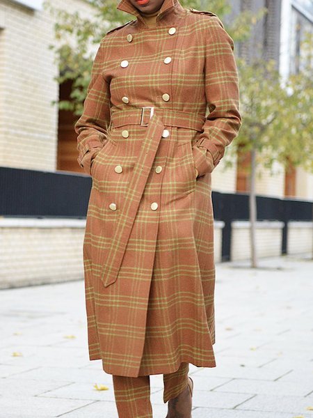 

Lapel Collar Plaid Urban Long Sleeve Overcoat, As picture, Coats