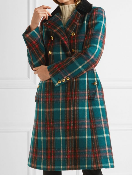 

Green Plaid Buttons Woolen Casual Overcoat, Multicolor, Trench Coats