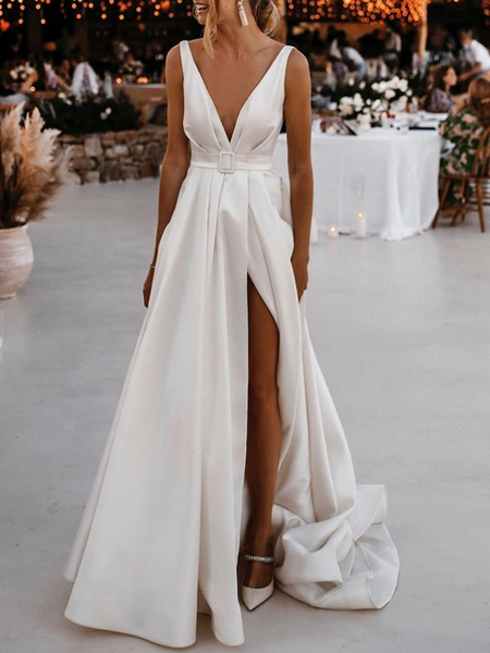 

Elegant Satin Deep V Neck Plain Dress & Party Dress, White, Maxi Dresses