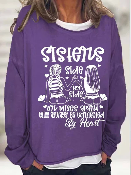 

Women's Word Sisters Side By Side or Miles Apart Sisters Will Always be Connected By Heart Crew Neck Text Letters Sweatshirt, Purple, Hoodies&Sweatshirts