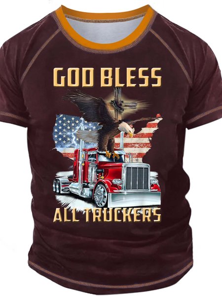 

Men’s God Bless All Truckers Crew Neck Casual T-Shirt, Red, T-shirts