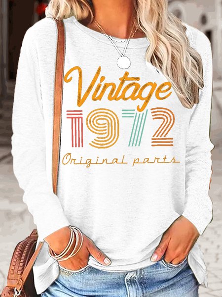 

Women's 50th Birthday Vintage 1972 Casual Crew Neck Top, White, Long sleeves