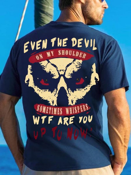 

Men's Even The Devil Wtf Are You Up To Know Funny Graphic Print Casual Cotton Crew Neck Text Letters T-Shirt, Purplish blue, T-shirts