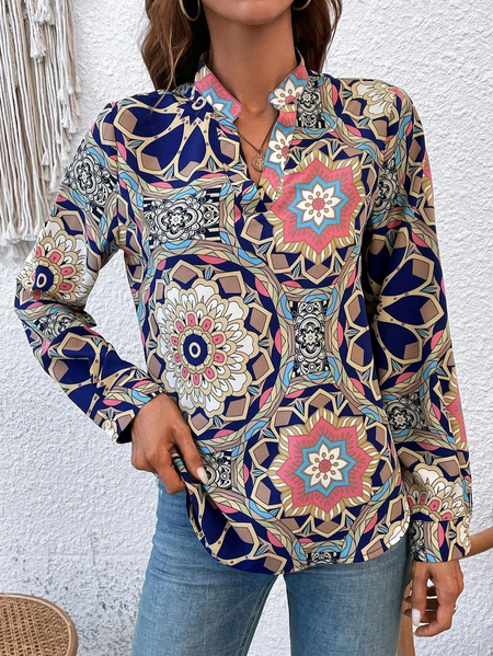 

Casual Mandala Print Notched Neckline Blouse, Multicolor, Blouses & Shirts