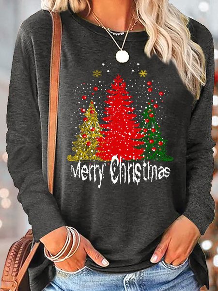 

Women's Merry Christmas Trees Crew Neck Casual Top, Gray, Long sleeves