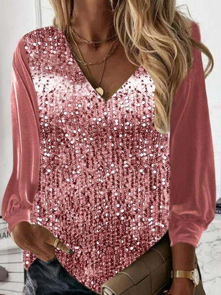

Women's Pink Velvet Sequins Loose V Neck Lantern Sleeve Top, Tops