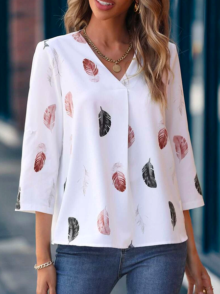 

V Neck Casual Feather Pattern Loose Top, Red, Blouses & Shirts