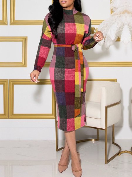 

Stand Collar Elegant Colorblock Regular Fit Dress, Multicolor, Midi Dresses