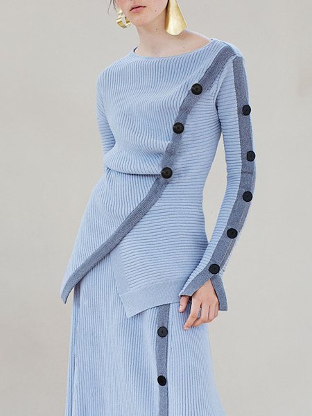 

Regular Fit Plain Crew Neck Elegant Sweater, Blue, Sweaters