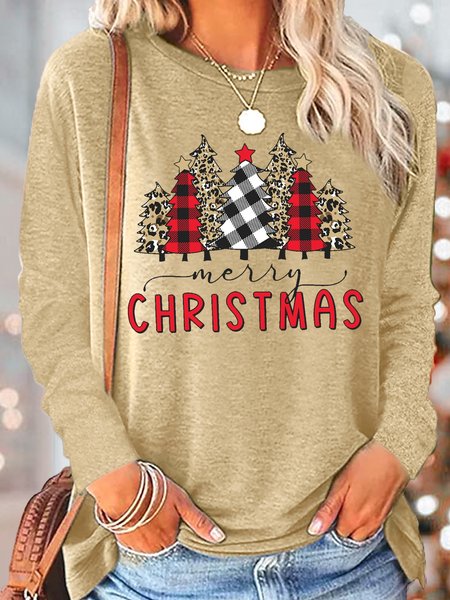 

Women's Merry Christmas Crew Neck Casual Top, Apricot, Long sleeves
