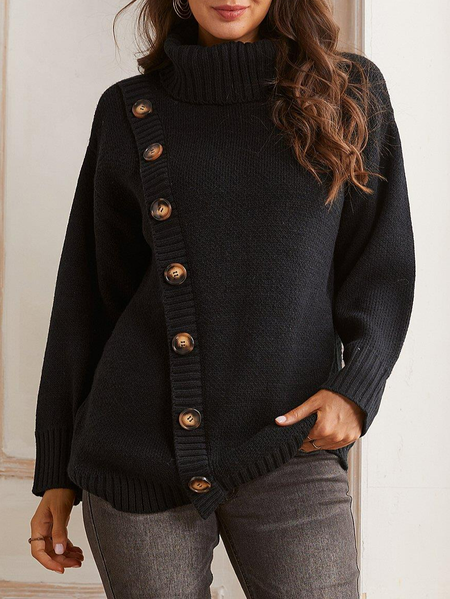 

Plain Casual Buttoned Sweater, Black, Sweaters & Cardigans