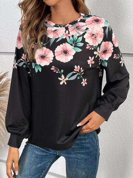 

Casual Floral Print Round Neck Tee, Black, T-Shirts