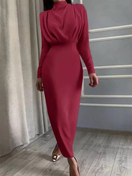 

Elegant Plain Long Sleeve Regular Fit Maxi Party Dress, Red, Maxi Dresses
