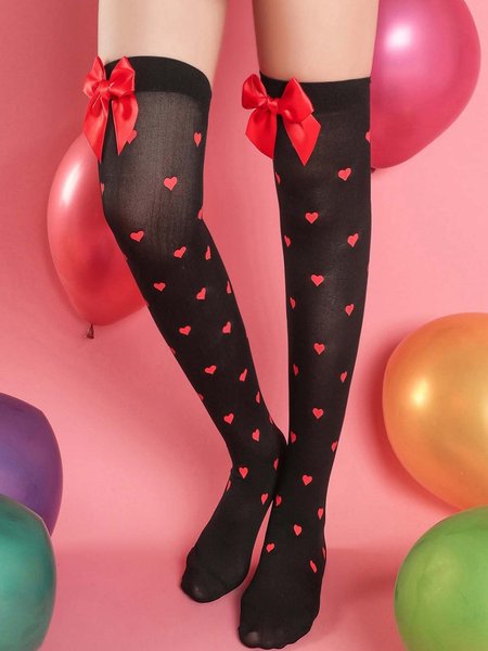 

Black Heart Pattern Bow Decoration Knee Socks Stockings Valentine's Day Gift Accessories, Socks