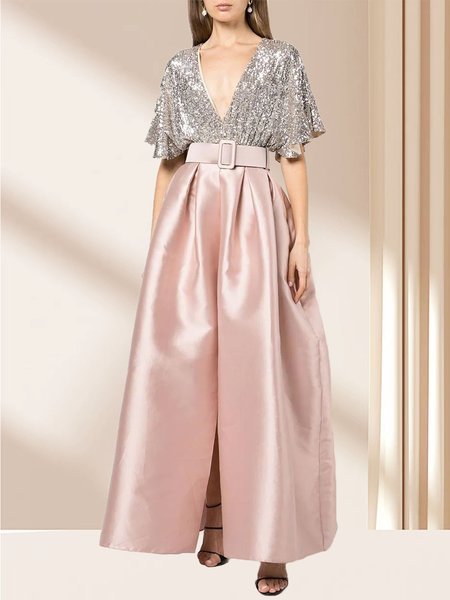 

V Neck Satin Regular Fit Midi Party Dress, Pink, Midi Dresses