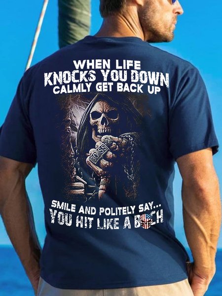 

Men's When Life Knocks You Down Calmly Get Back Up American Flag Skull Funny Graphic Print Cotton Casual Text Letters Loose T-Shirt, Purplish blue, T-shirts