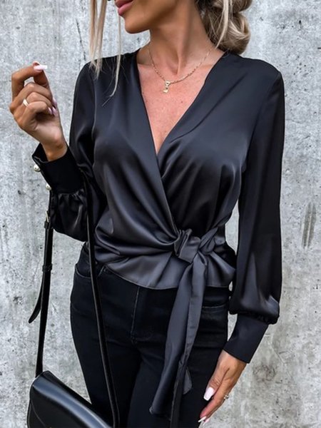 

Plain Satin Elegant V neck Long Sleeve Blouse, Black, Blouses and Shirts
