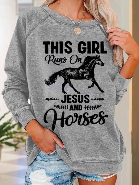 

Women's Funny Word This Girl Runs On Jesus and Horses Simple Text Letters Sweatshirt, Gray, Hoodies&Sweatshirts