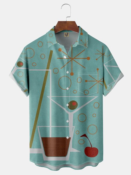 

Art Geometry Chest Pocket Short Sleeve Shirt, Green, Men Shirts