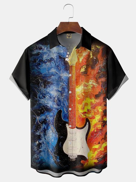 

Music Chest Pocket Short Sleeve Shirt, Blue, Men Shirts
