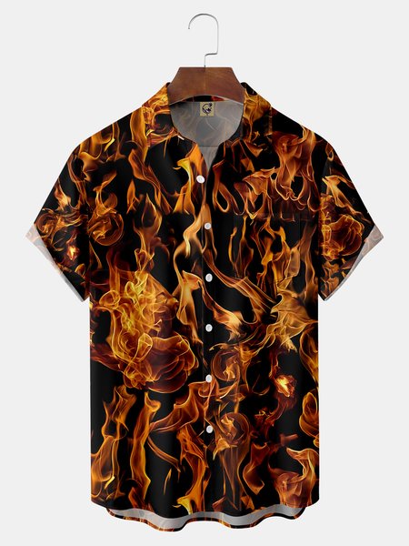 

Flame Chest Pocket Short Sleeve Shirt, Black, Men Shirts