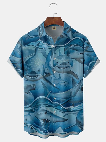 

Sea Animals Chest Pockets Short Sleeve Shirts, Blue, Men Shirts