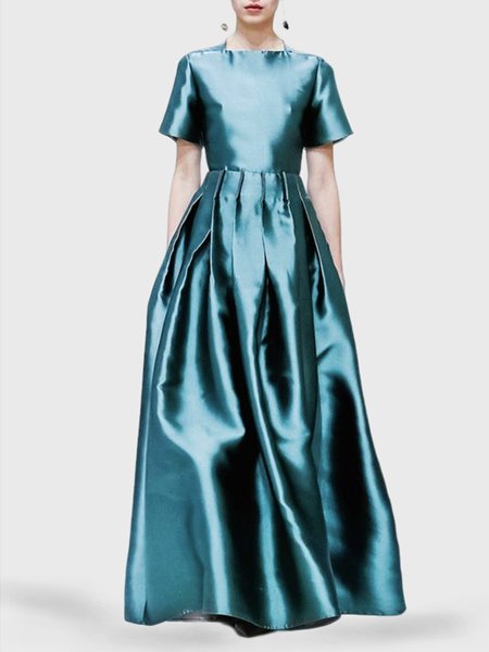 

Short sleeve Regular Fit Plain Satin Elegant Party Dress, Blue, Maxi Dresses