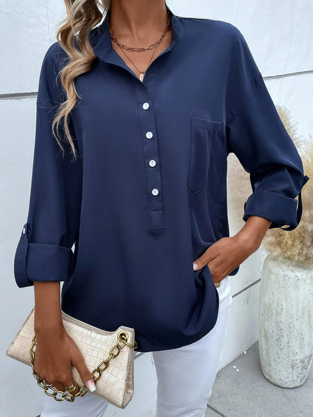 

Plain Casual Half Button Roll Tab Sleeve Shirt, Navy blue, Blouses & Shirts