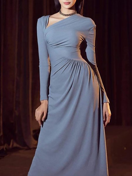 

Asymmetrical Elegant Plain Regular Fit Long sleeve Dress, Blue, Maxi Dresses