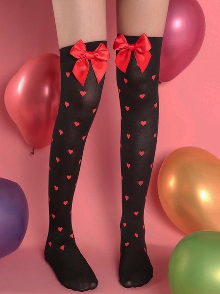 

Black Heart Pattern Bow Decoration Knee Socks Stockings Valentine's Day Gift Accessories, Accessories