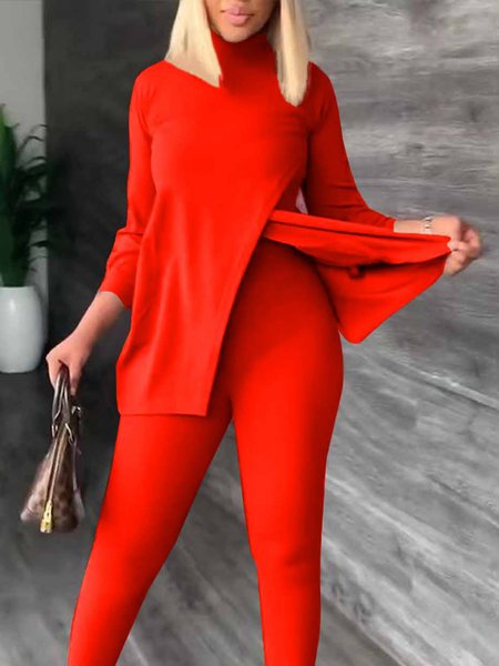 Daily Simple Turtleneck Long sleeve Plain T-Shirt, Red, Tees
