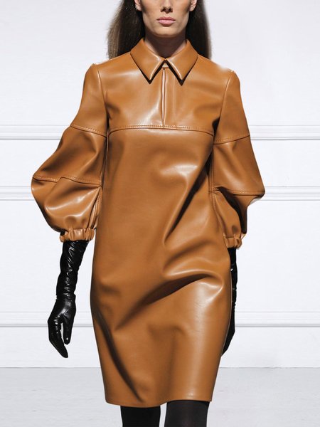 

Lantern Sleeve Urban Plain Regular Fit Dress, Brown, Mini Dresses