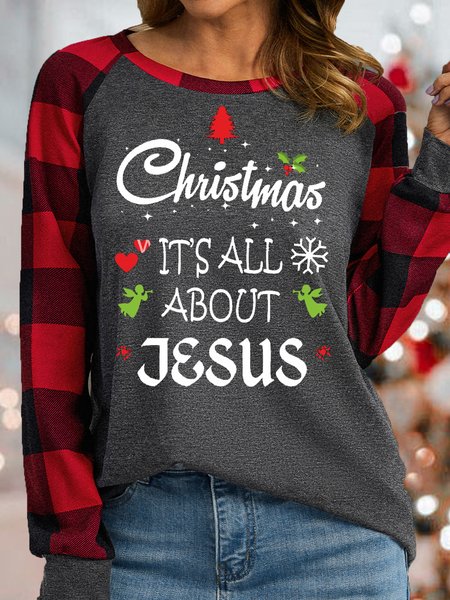 

Women's Christian Christmas It's All About Jesus Crew Neck Casual Top, Gray, Long sleeves