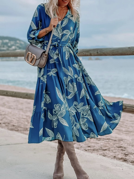 

Crew Neck Color Block Loose Casual Dress, Blue, Midi Dresses
