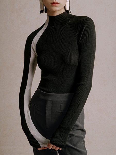 

Simple Turtleneck Long sleeve Tight Sweater, Black, Pullovers
