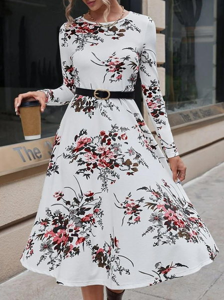 

Casual Floral Print A-line Dress Without Belt, White, Midi Dresses