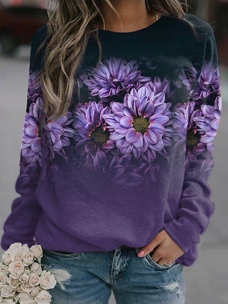 

Loose Casual Crew Neck Floral Sweatshirt, Purple, Sweatshirts & Hoodies