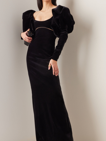 

Elegant Plain Velvet Crew Neck Dress & Party Dress, Black, Maxi Dresses