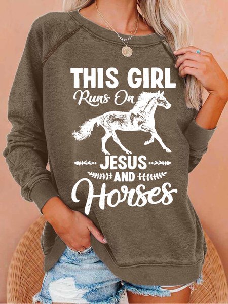 

Women's Funny Word This Girl Runs On Jesus and Horses Simple Text Letters Sweatshirt, Brown, Hoodies&Sweatshirts