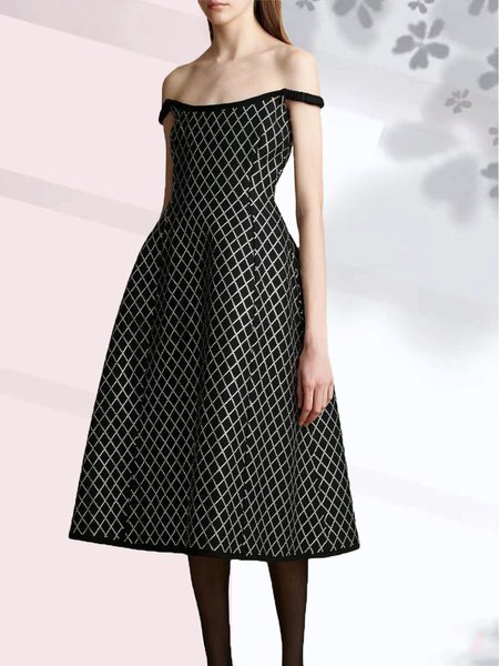 

Geometric Elegant Cold Shoulder Midi Party Dress, Black, Midi Dresses