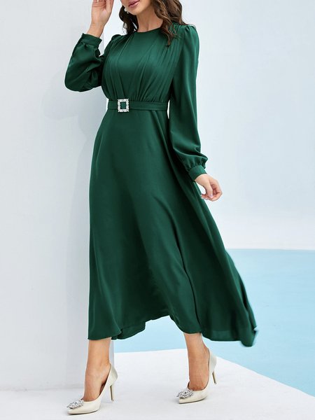 Long sleeve Plain Elegant Regular Fit Crew Neck Dress, Green, Midi Dresses