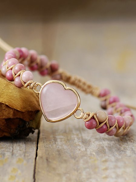 

Retro Ethnic Style Natural Pink Crystal Heart Pattern Beaded Braided Bracelet Valentine's Day Gift Jewelry, Bracelets
