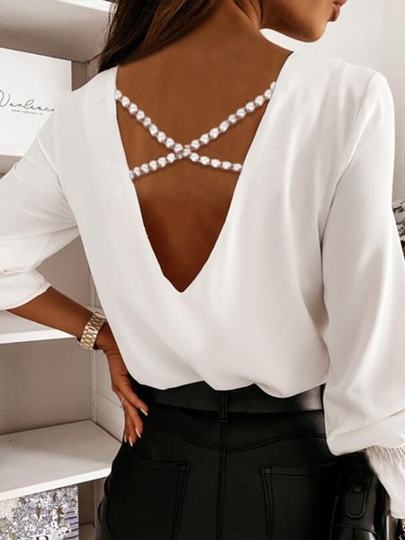 

V Neck Urban Plain Long Sleeve Chain Blouse, White, Blouses and Shirts