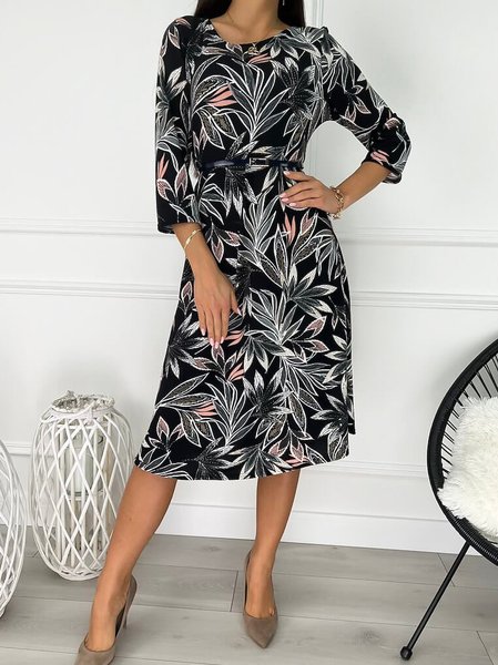 

Boho Printing Regular Fit Floral Dress, Black, Midi Dresses