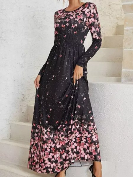 

Boho Crew Neck Floral Dress, Black, Dresses