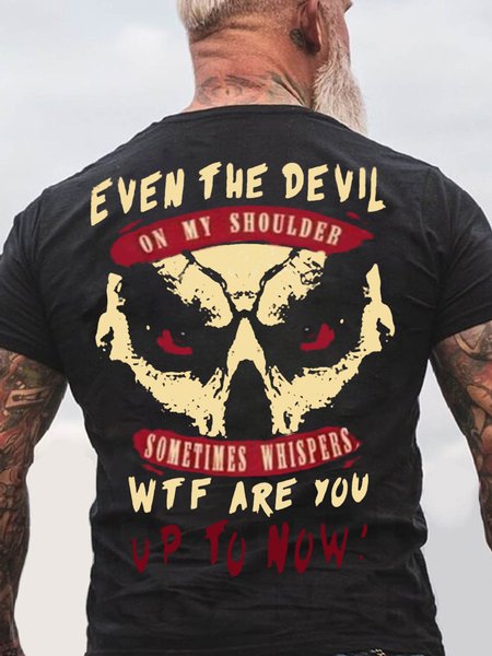 

Men's Even The Devil Wtf Are You Up To Know Funny Graphic Print Casual Cotton Crew Neck Text Letters T-Shirt, Black, T-shirts